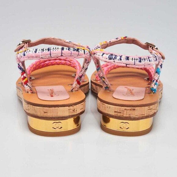 Chanel Pink/Yellow Fabric Braided Fabric Flat Sandals Size 5/35.5 - Picture 5 of 5